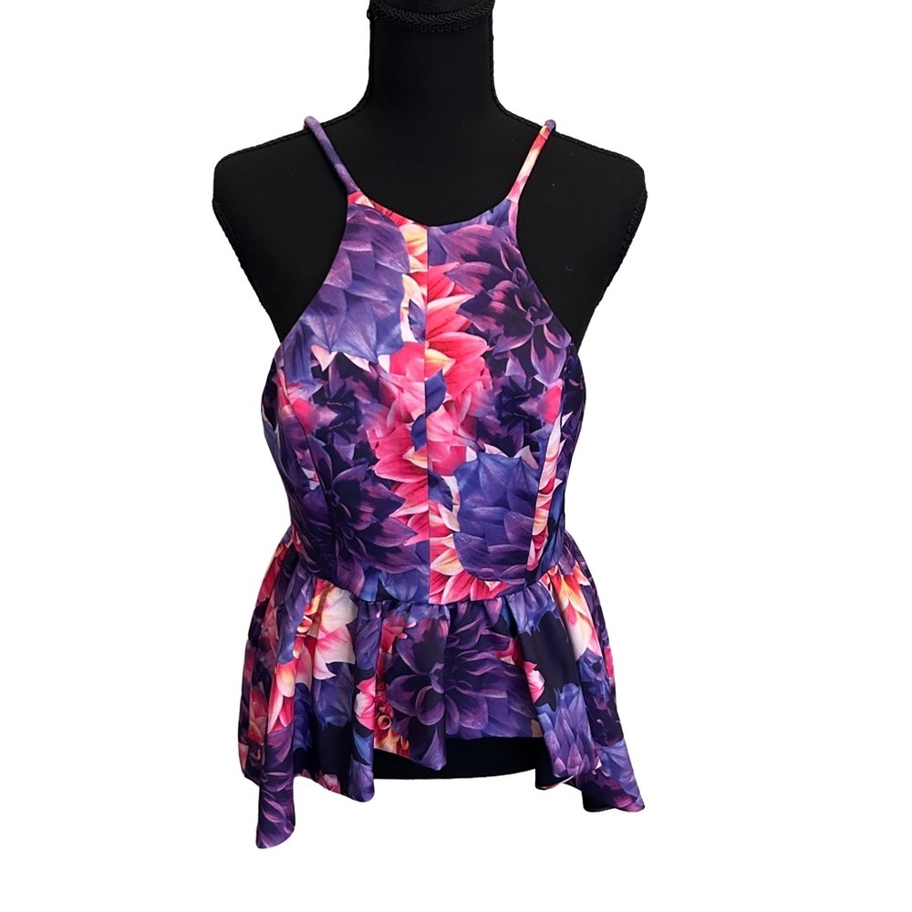 💜Angel Biba Romantic Ultra Feminine Vibrant Purple and Pink Floral Peplum Halter